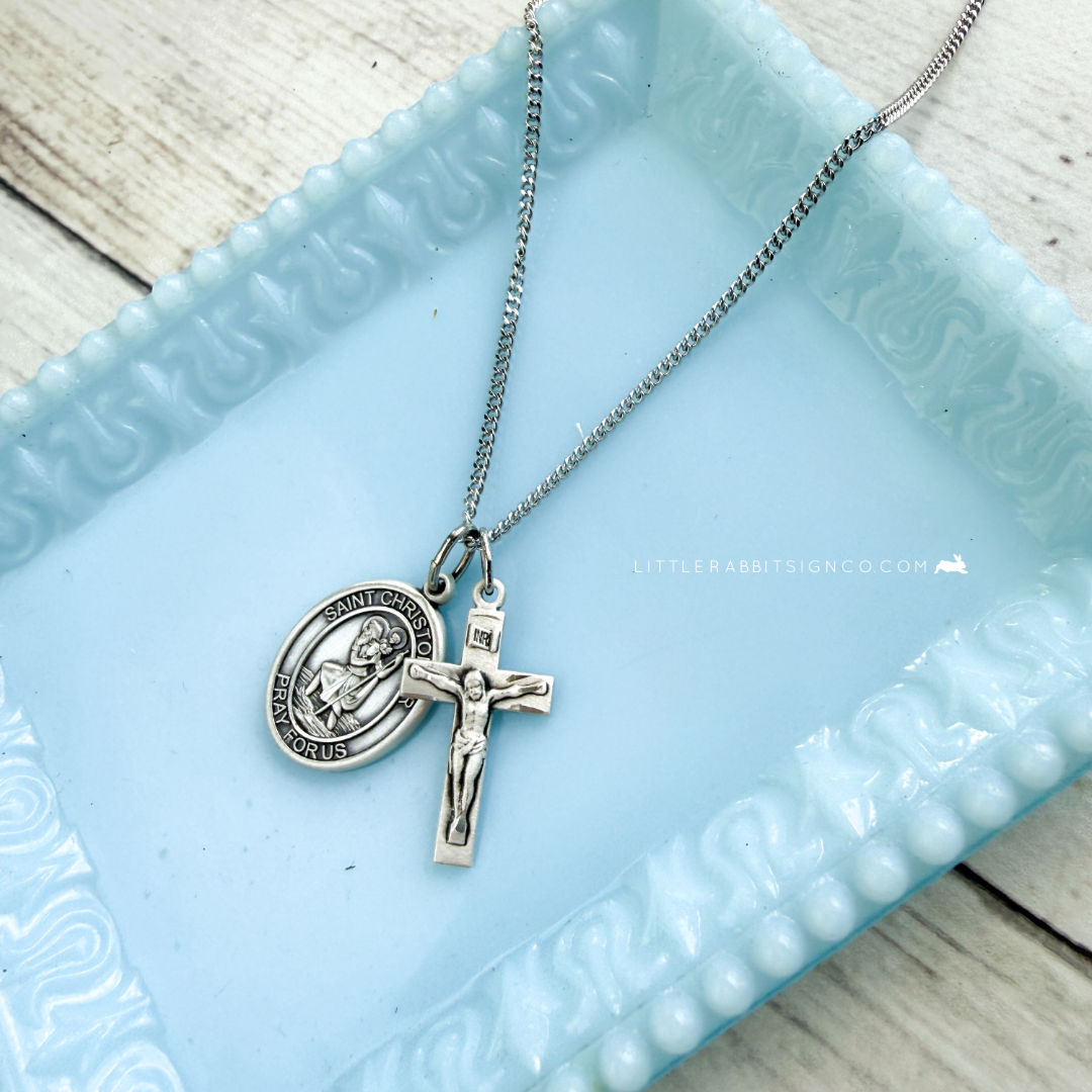 Sterling silver Saint Christopher necklace on rhodium chain with lobster claw clasp — handmade Catholic jewelry